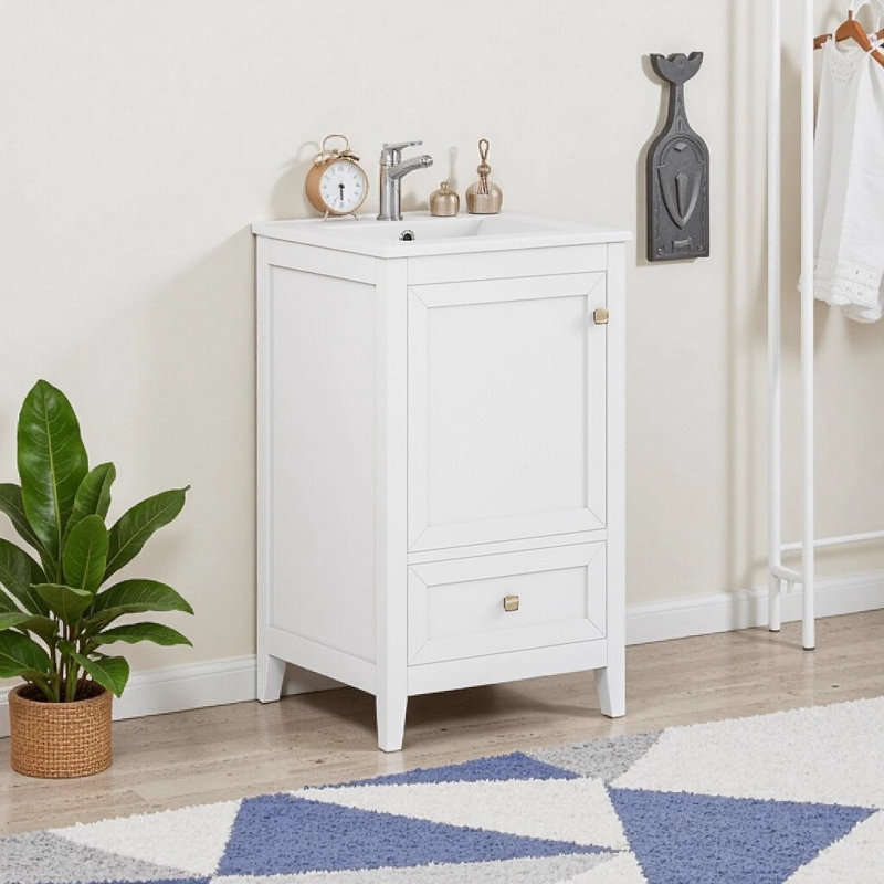 Meuble-lavabo de 20 po avec lavabo et armoire de rangement moderne en MDF, Blanc