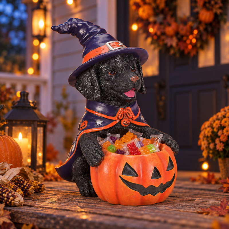 Statue de chien d'Halloween Alfani avec rangement citrouille, bol à bonbons en résine représentant un chien sorcière, décoration de table, 5 styles