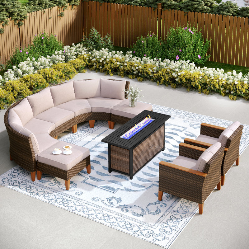 Ensemble de conversation modulaire en osier avec foyer Salem, Beige, Oui