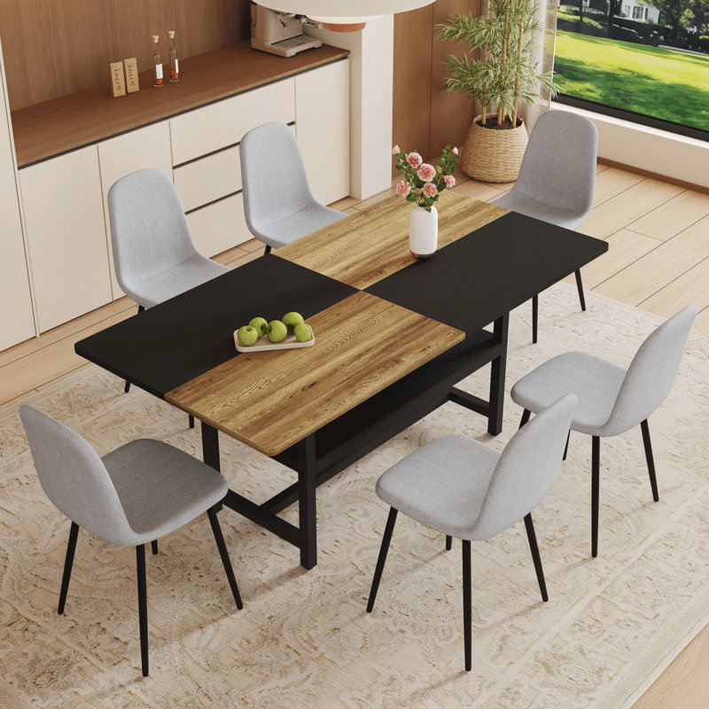 Rectangular Dining Table With Storage Shelf, Dining Table Set With Six Chairs For Indoor, Black/Wood, 7
