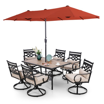 Ensemble de salle à manger rectangulaire pour 60 personnes avec coussins et parasol Leonard