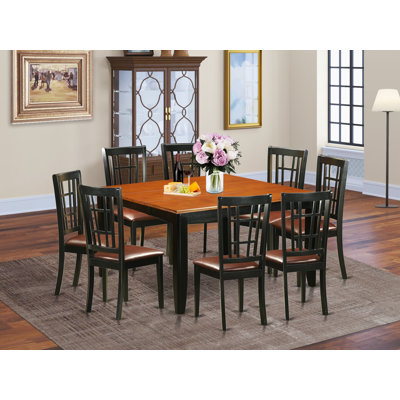 9 Piece Kitchen Table Set Includes a Square Dining Table with Butterfly Leaf and 8 Faux Leather Dining Room Chairs, Black & Cherry