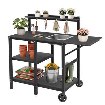 Banc de rempotage extérieur avec évier amovible / roulettes / extension / rangement pliable - Table de rempotage résistante aux intempéries avec capacité de charge de 500 lb pour le patio et le jardinage （Noir）
