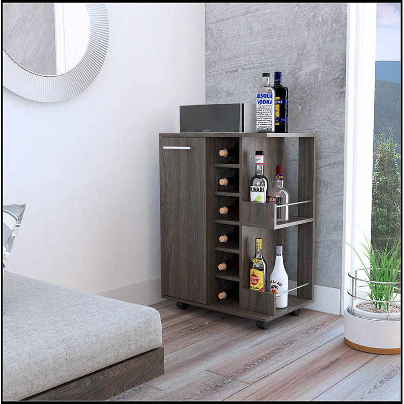 Bartlet 2-Shelf 6-Bottle Bar Cart with Enclosed Cabinet, Lockable Casters, and Elegant Carbon Espresso Finish, Dark Brown