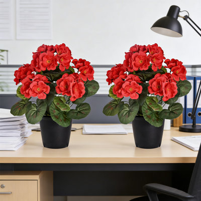 2Pack géranium artificiel en pot de 10,23 po de hauteur, fleurs réalistes avec des feuilles vertes vibrantes pour l'intérieur et l'extérieur Home Decor