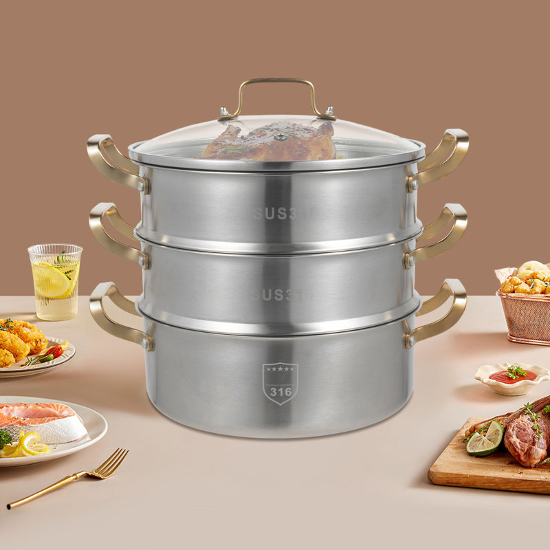 3-Tier Stainless Steel Steamer Pot with Glass Lid Large Capacity Multi-Layer Steamer Set for Gas and Induction Cooktops