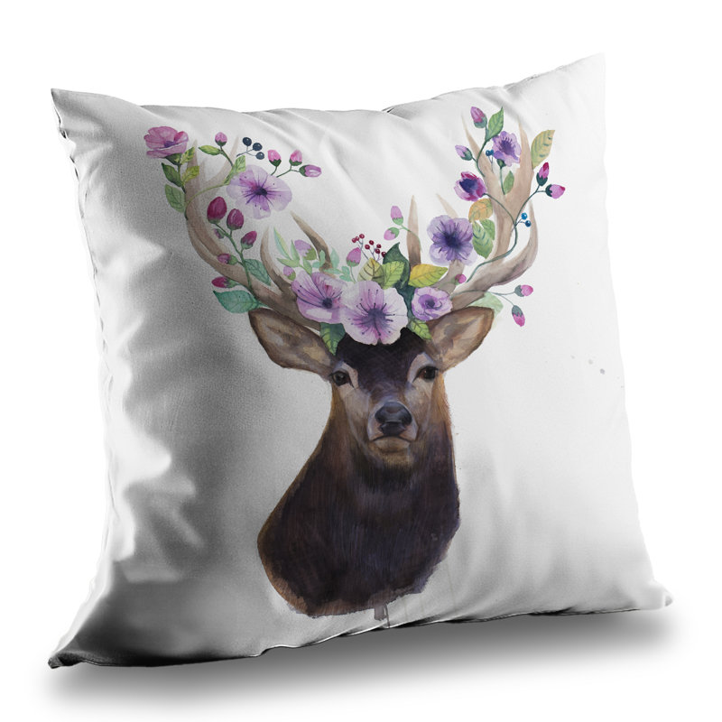 Roe Deer Head with Flowers - Brown Deer Poly Twill Throw
