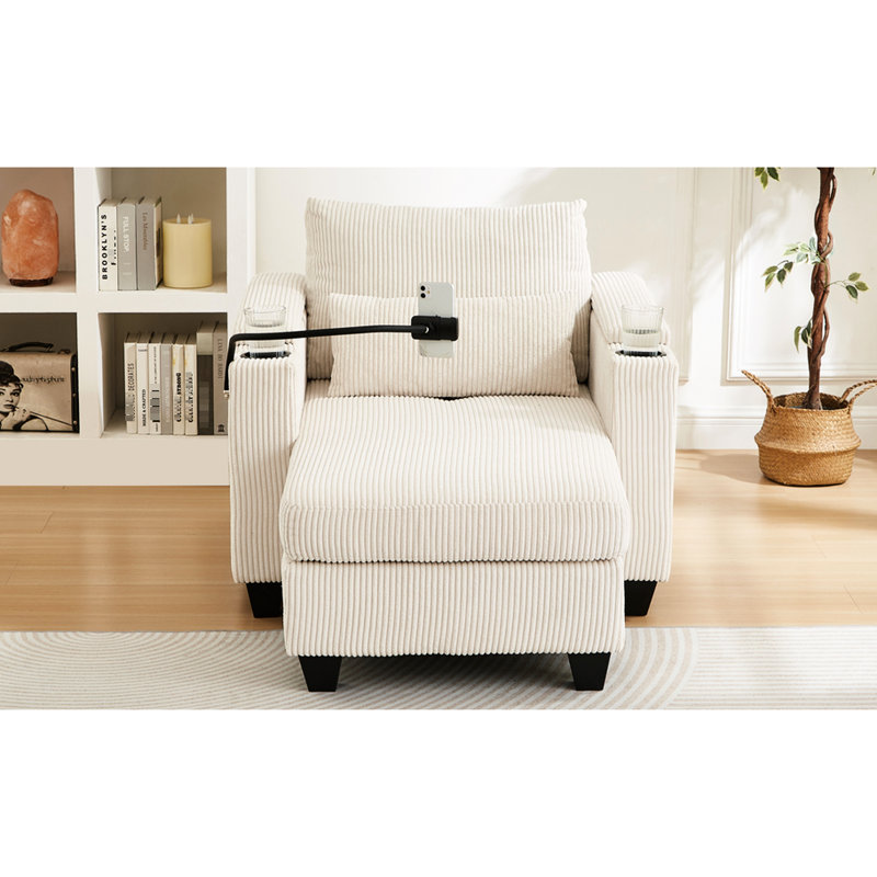 Fauteuil convertible beige en velours côtelé pour salon, avec porte-gobelets, rangement dissimulé pour accoudoirs et poches latérales