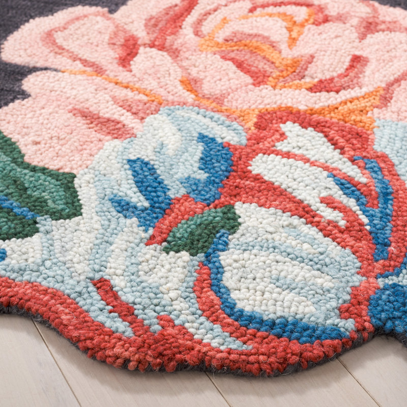 Jardin 6' Round Navy and Pink Wool Floral Rug