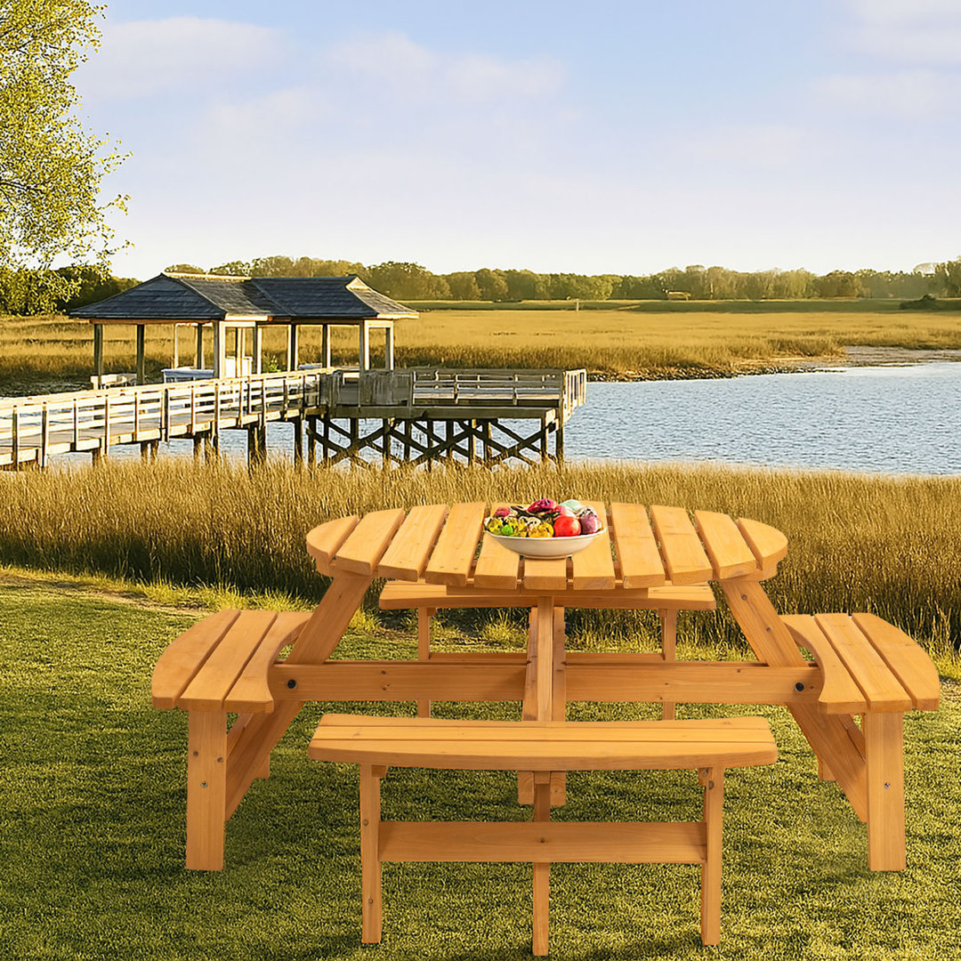 Raeis 70.05'' Outdoor Picnic Table with 4 Built-in Benches, Round Outdoor Table with Umbrella Hole , Seats Up To 8 Persons Arlmont & Co. 