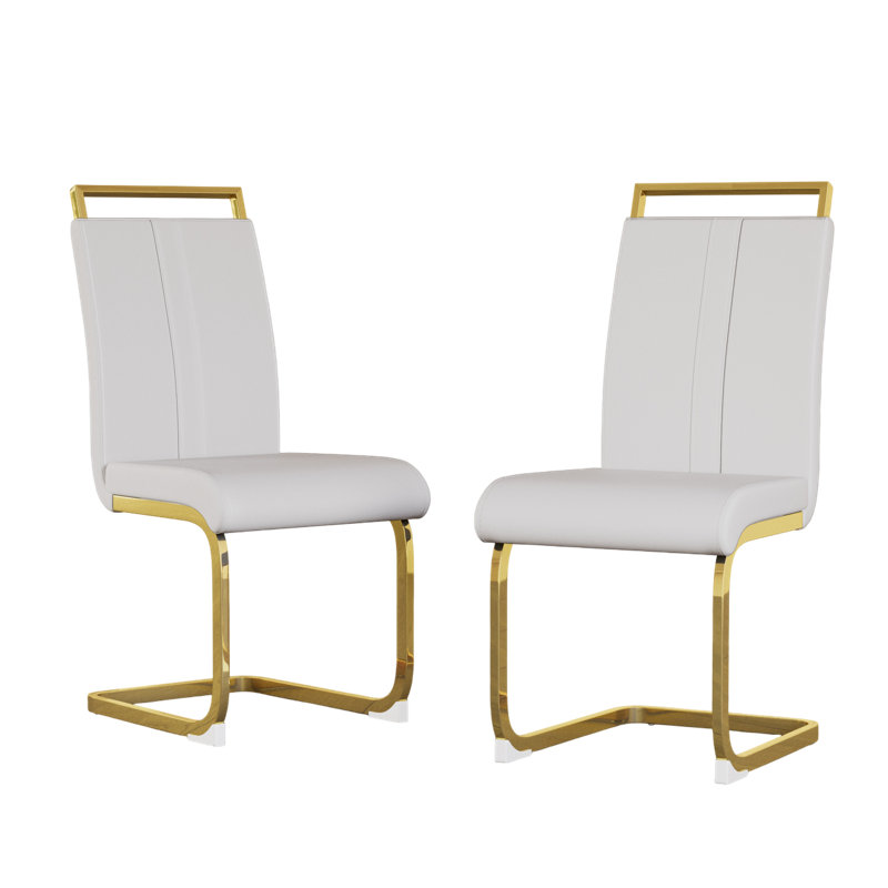Luxury Faux Leather Dining Chair, Set of 2 Gold Chromed C Shaped Chairs, Cantilever Dining Chairs with Stainless Steel, White