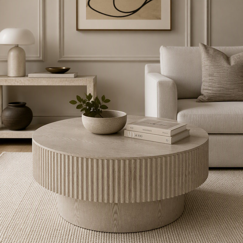Table basse 31,5 "ronde avec rangement Table d'appoint moderne en placage de bois massif, Blanc rétro