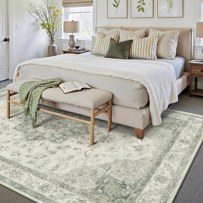 Stella Machine Washable Oriental Light Green Area Rug