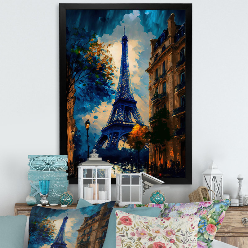 «Blue Eiffel Tower in the Autumn», reproduction sur toile, H 44 po x l 34 po x P 1,5 po, Impression noire sur toile encadrée