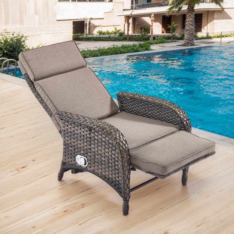 Gaetanino 60" Outdoor Wicker Poolside Reclining Single Chaise Lounge With Cushion, Gray