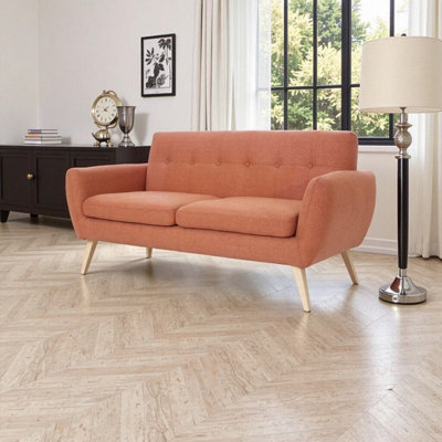 Mid-Century Modern Loveseat – Button-Tufted Waffle Stitch, Tapered Wood Legs