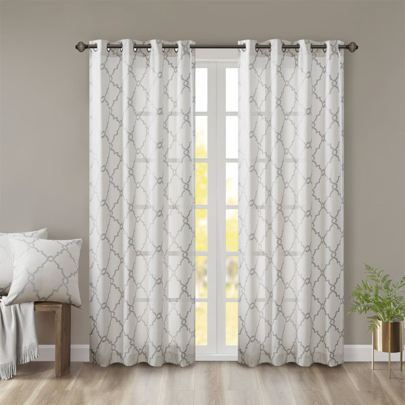 Saratoga Fretwork Print Grommet Top Single 50x63" Window Curtain Panel, 50" W x 63" L, Ivory/Grey