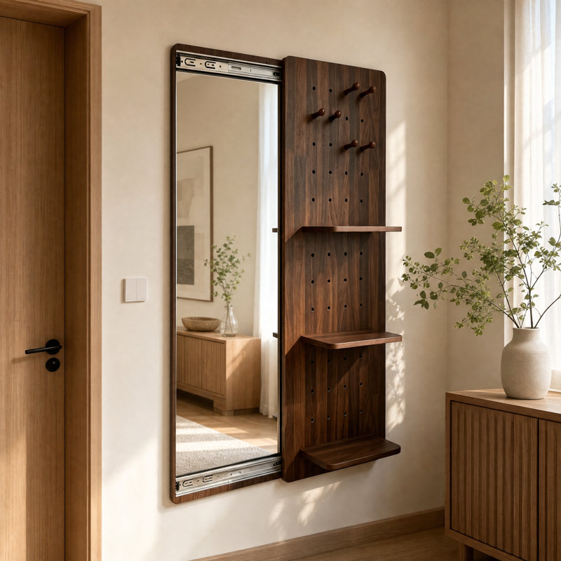 Wall Mounted Full Length Mirror With Hidden Storage And Sliding Pegboard