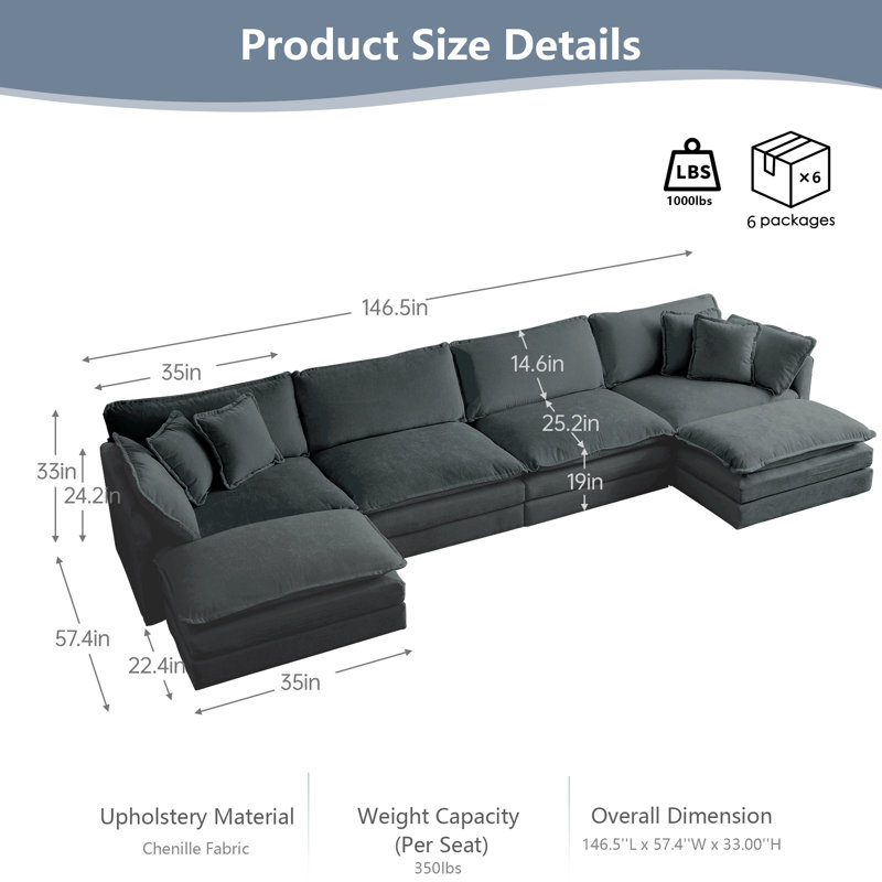 Chenillaire U-Shaped Chenille Sectional Sofa with Double Ottomans - Modular 4-Seater Comfort Couch, Reversible Deep Seat Design with Premium Fabric & Flexible Living Room Configuration
