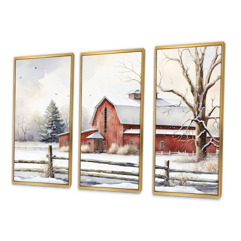 Calm Red Barn In Winter II - ensemble d'art mural sur toile Farmhouse, H 28 po x l 36 po x P 1 po, Encadrement doré