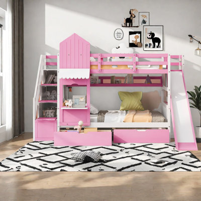 Space-saving Twin-over-twin Bunk Beds With Pink Castle Design And Storage