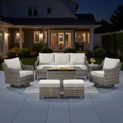 Ensemble de meubles de patio 7 pièces avec table de foyer, ensemble de conversation de patio en osier avec chaises berçantes pivotantes, ensemble de patio extérieur pour porche de jardin