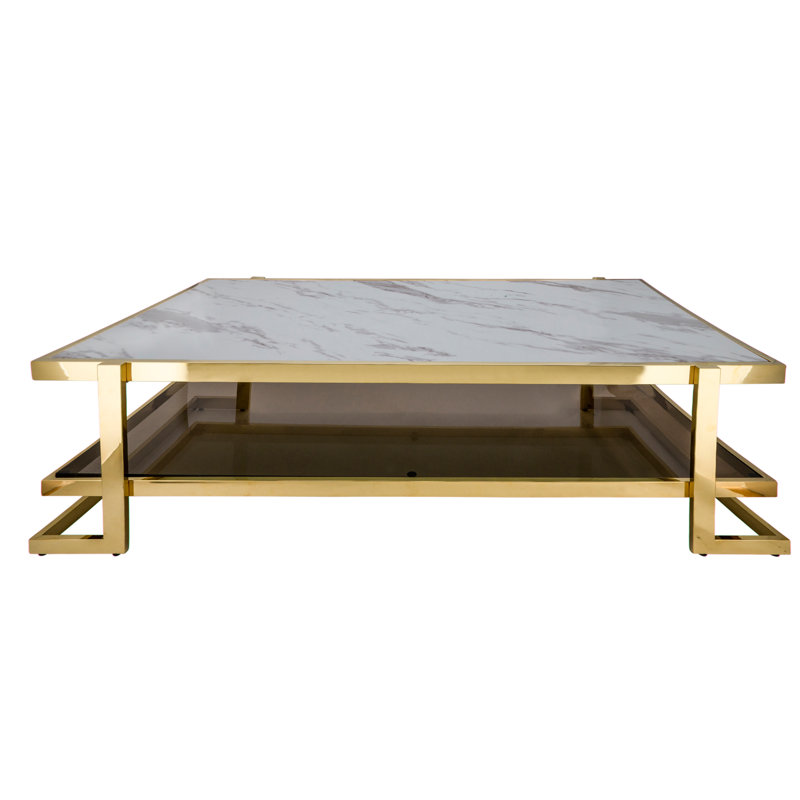 Modern Metal and Glass Coffee Table Marble Look, Gold