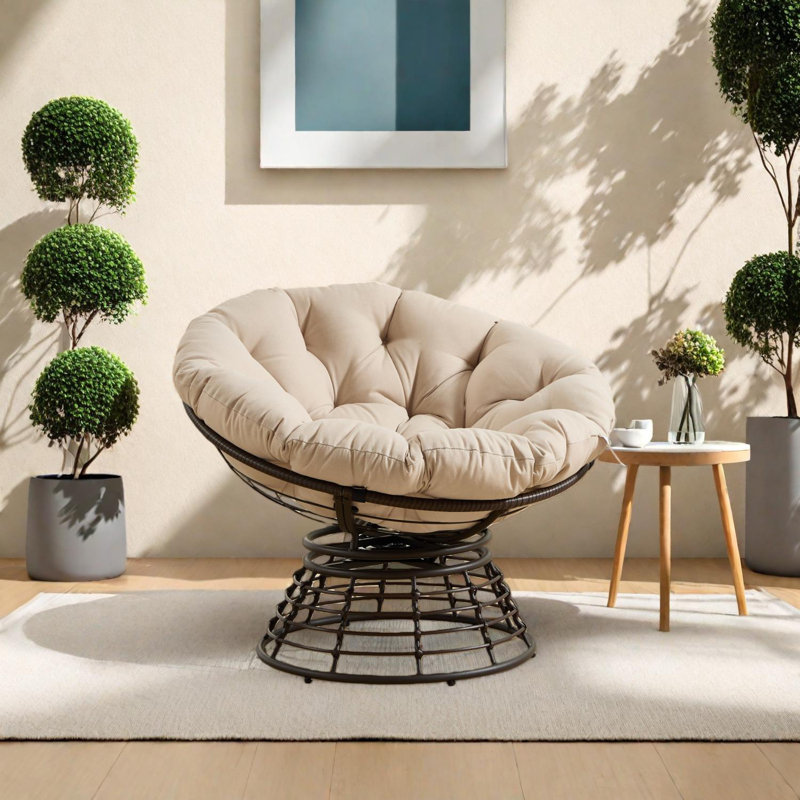 Comfortable Ergonomic Wicker Papasan Chair with 360° Swivel and Thick Cushion, Beige