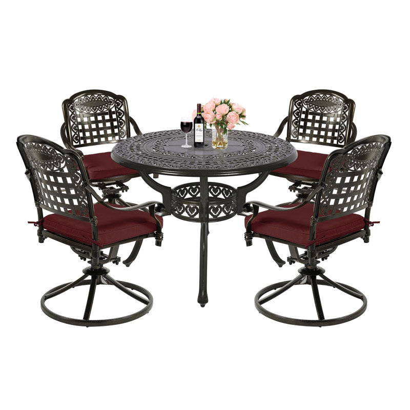 4 - Person Patio Dining Set with Round Table , Cushions Included, Chili Red