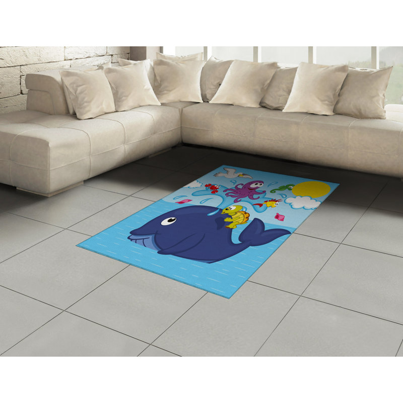 Whale Playroom High Density Long Fiber Poly Threads Decorative Area Rug Carpet, Rectangle 4' x 5'8"