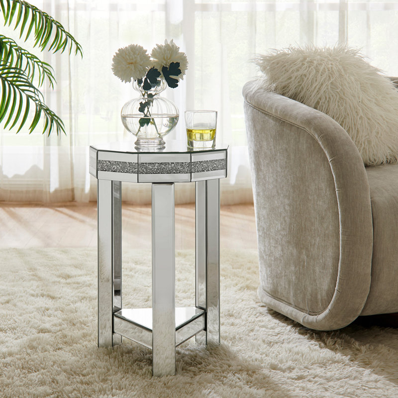 Table de bout à miroir en octogone avec incrustation de cristaux, petit canapé moderne à 2 niveaux avec rangement, table d'appoint décorative argentée pour le salon, la chambre à coucher, le café et les petits espaces l 13,8 po x P 13,8 po x H 21 po