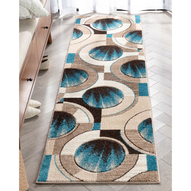 Tapis à motif géométrique, Tapis de couloir de 2 pi x 7 pi, Bleu