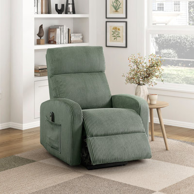 Fauteuil releveur électrique Pary, accoudoirs avec poche à magazines, velours côtelé vert
