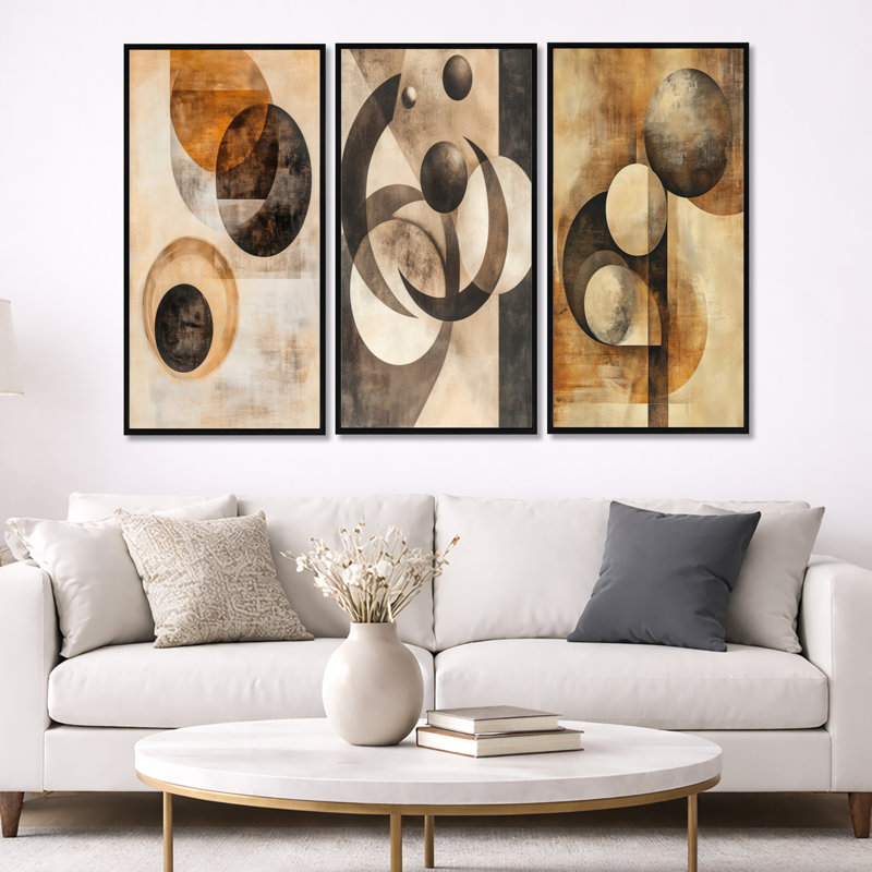 Orbiting Shapes in Sepia Space - Abstract Shapes, impression sur toile 3 pièces, 32" H x 48" W, Cadre flottant noir