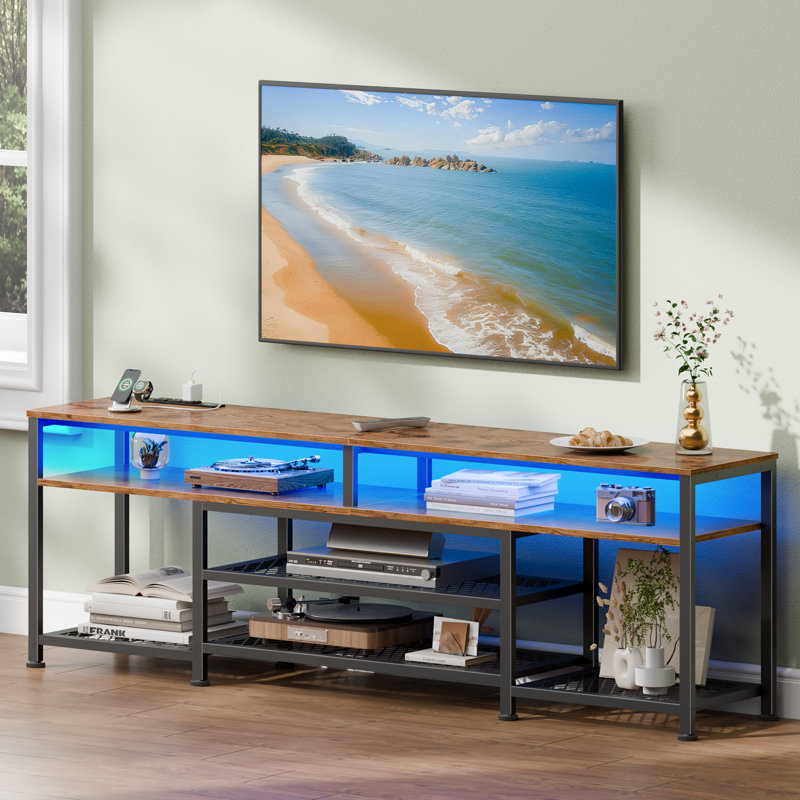 Modern TV Stand for TVs up, Media Console with Storage for Living Room, LED Entertainment Center with Outlets, Brown