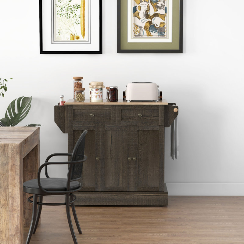 Brown Butcher Block Kitchen Cart with Triple Storage Cabinets