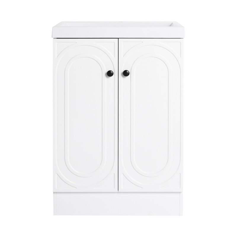 Meuble-lavabo autoportant avec lavabo en résine blanche et 2 portes d'armoire à fermeture en douceur, Noir, Blanc, 24"