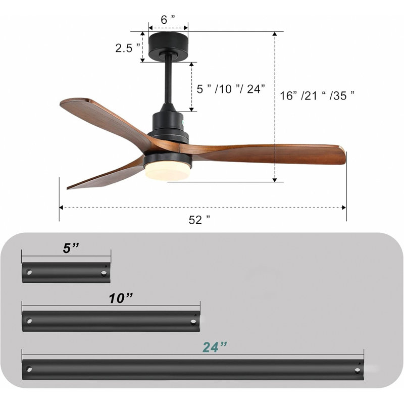 52 Inch Ceiling Fan Light With 6 Speed Remote Reversible Energy-Saving Dc Motor, Black, Brown Wood