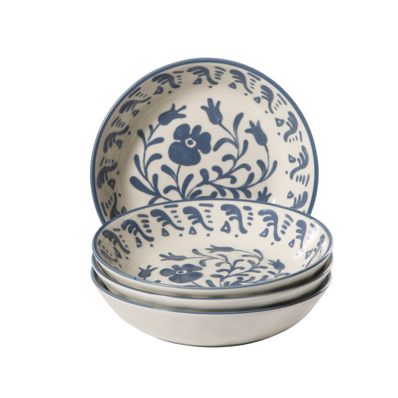 Bloomhouse - 2-Time Oprah’s Favorite Things - Valencia Flor 4 Piece Dinner Bowl Set, 8” Stoneware Pasta Bowls, Mediterranean Floral Decal Design, Iris Blue - Dinner Bowl - Iris Blue