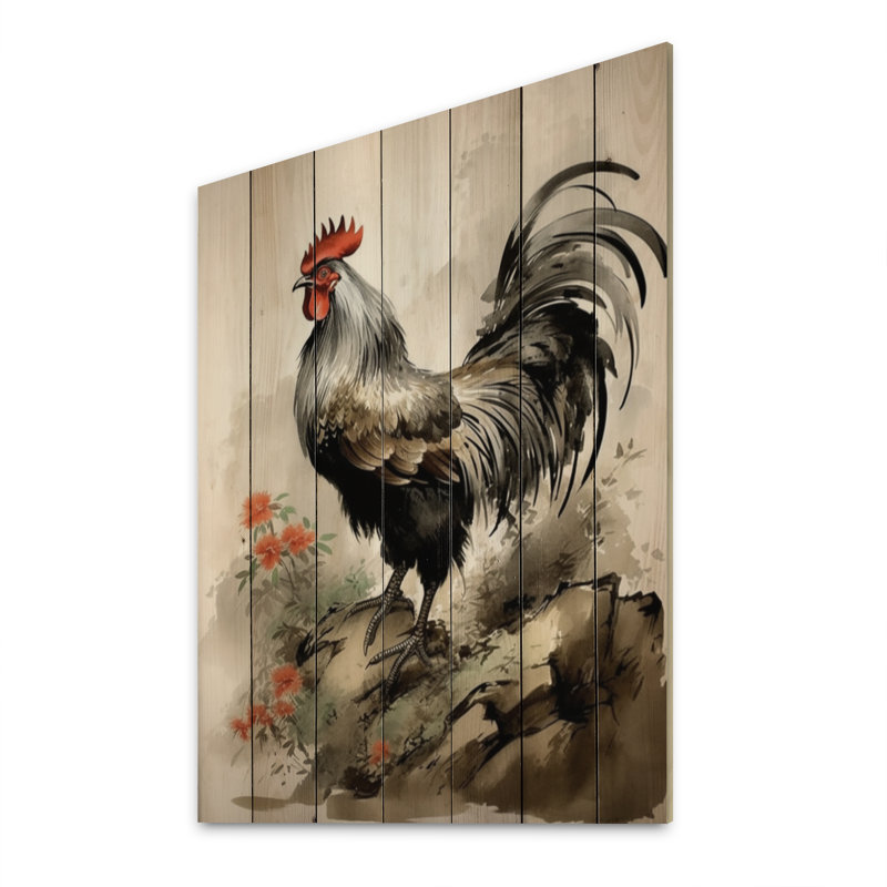 Asian Art Rooster Sumi III sur bois, H 40 po x l 30 po x P 0,78 po