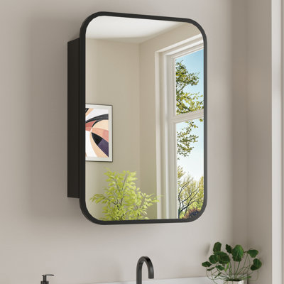 32"W x 30"H Rounded Corner Steel Medicine Cabinet with Mirror, Adjustable Tempered Glass Shelves, Large Storage, Recessed or Surface Mount