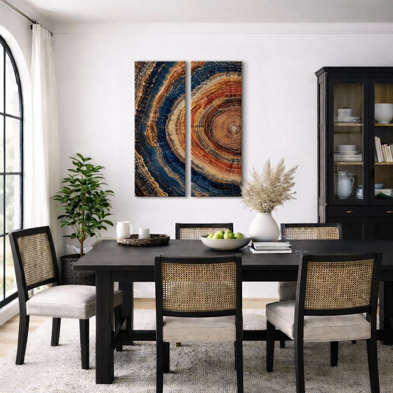Bagues en pierre superposée bleu rouille et marron – Motif abstrait naturel – Ensemble de 2 impressions d'art encadrées sur toile 32 po x 12 po x 2 po