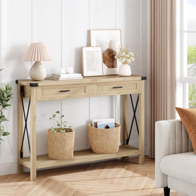 Farmhouse Entryway Table With Rattan Drawers, Console Table For Entryway, 43" Wood Sofa Table With Storage Living Room, Hallway by 17 Stories