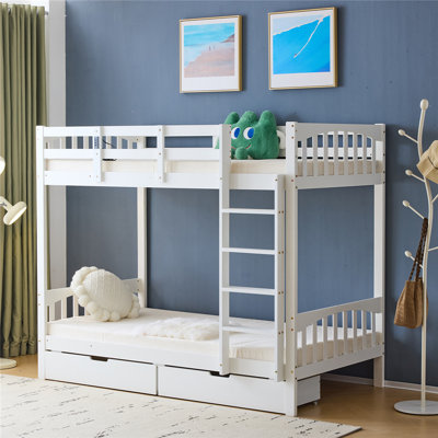 Solid Wood Twin-Over-Twin Convertible Bunk Bed With 2 Drawer, White
