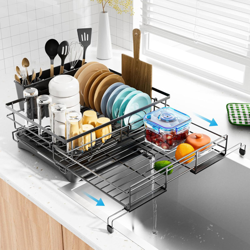 Égouttoir à vaisselle - Support extensible, égouttoir à vaisselle de grande capacité pour comptoir de cuisine, antirouille avec porte-ustensiles