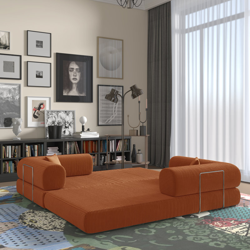Canapé-lit convertible moderne pliable (avec 2 coussins décoratifs) Jairden Corduroy Boneless 3-en-1, Orange