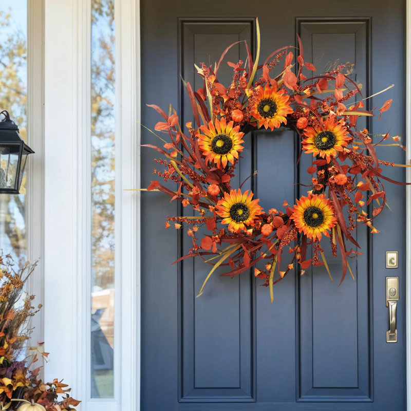 Couronne de tournesol artificielle avec détails oranges