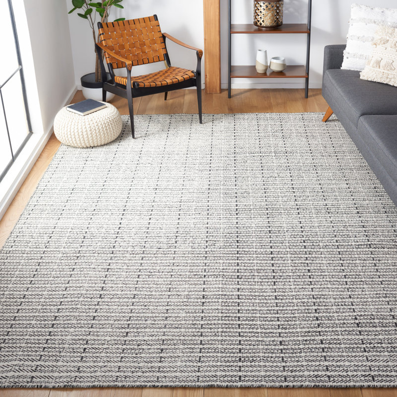 Abbie-Louise Hand Tufted Wool/Cotton Striped Rug in Black/Ivory, Rectangle 6' x 9'