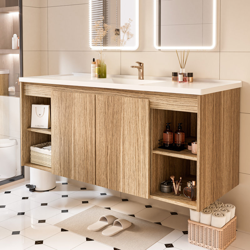 Meuble-lavabo simple 48 po avec plateau en résine et lavabo mural, Marron clair