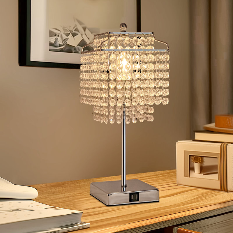 Lampe de table moderne en cristal avec double charge USB et fonction à intensité variable, Transparent, Argent